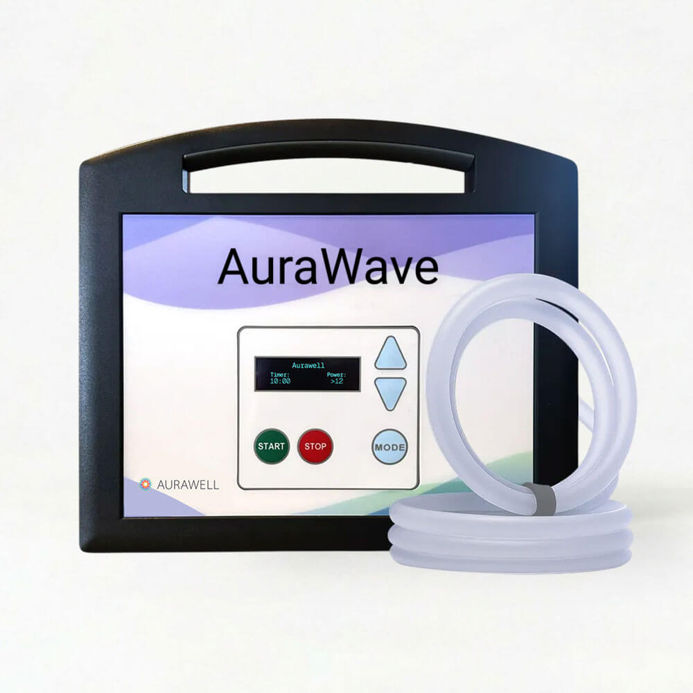AuraWave console with digital display, timer and intensity controls, carry handle, and a loop coil